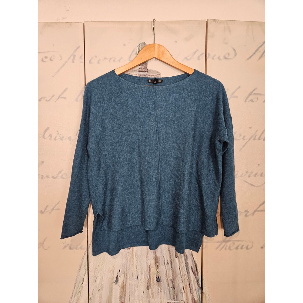 Eileen‎ Fisher 100% Merino Wool Sweater XS Teal Blue Boxy Boat Neck Side Slit
